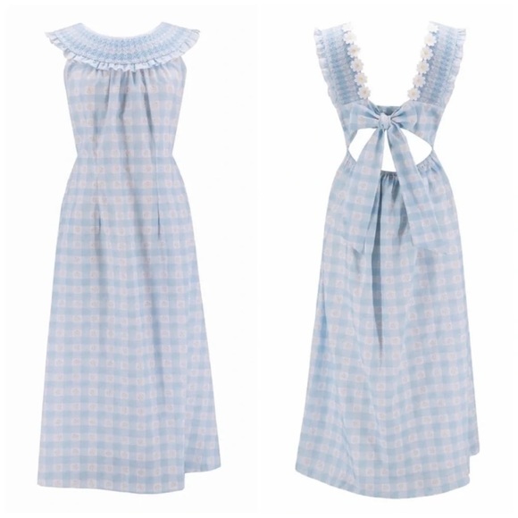 Dondolo x LoveShackFancy Daisy Love Floral Midi Dress Blue - Picture 4 of 10